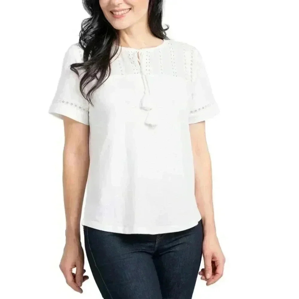 ❤️ New! Hilary Radley White  Top Slub Knit XL Short Sleeved Eyelet Women's Tee